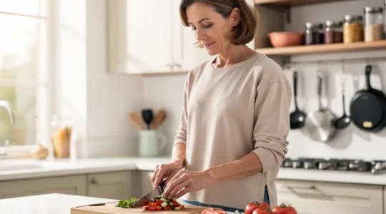Préparation de légumes dans une cuisine organisée avec ustensiles rangés