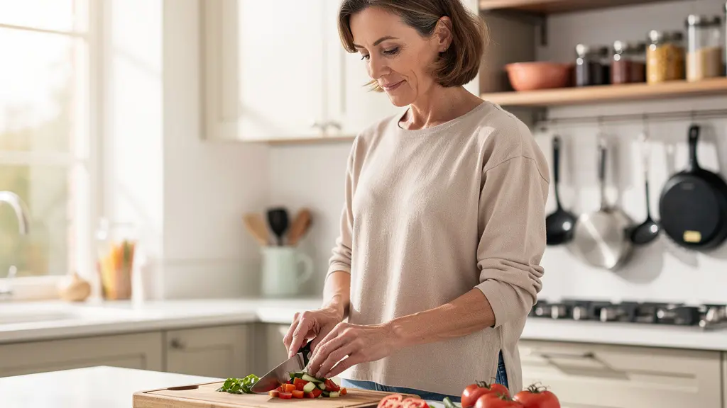 Préparation de légumes dans une cuisine organisée avec ustensiles rangés
