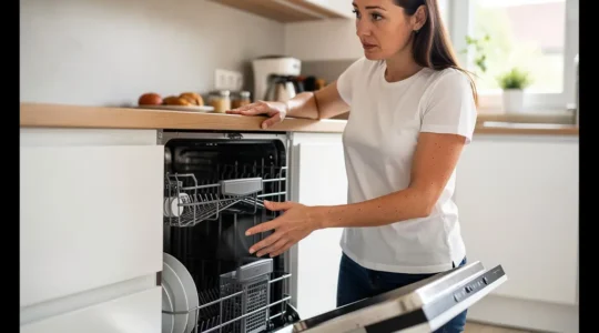 Femme observant l'intérieur d'un lave-vaisselle encastrable dans une cuisine moderne