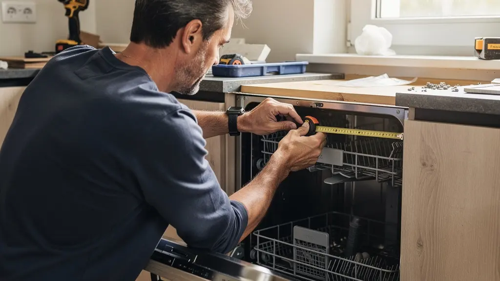 Personne mesurant l'espace d'encastrement lave-vaisselle dans cuisine en rénovation