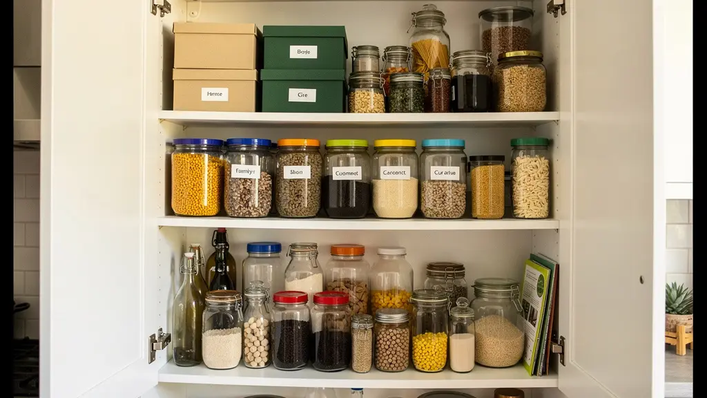 Intérieur de placard cuisine avec rangement vertical optimisé et bocaux organisés