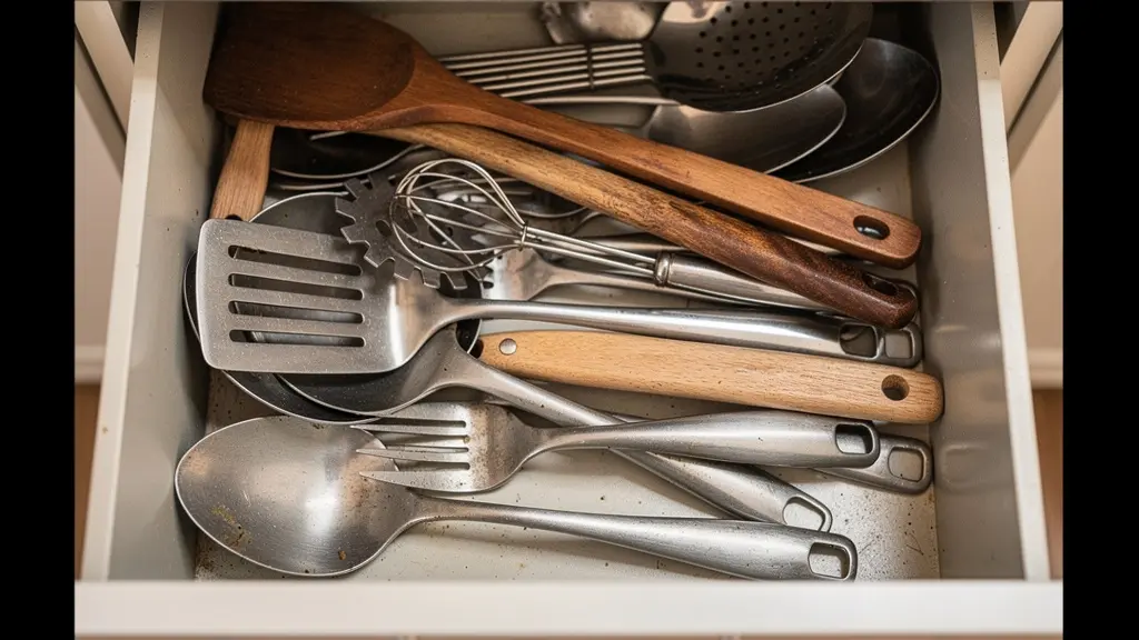Tiroir de cuisine ouvert rempli d'ustensiles de cuisine en désordre