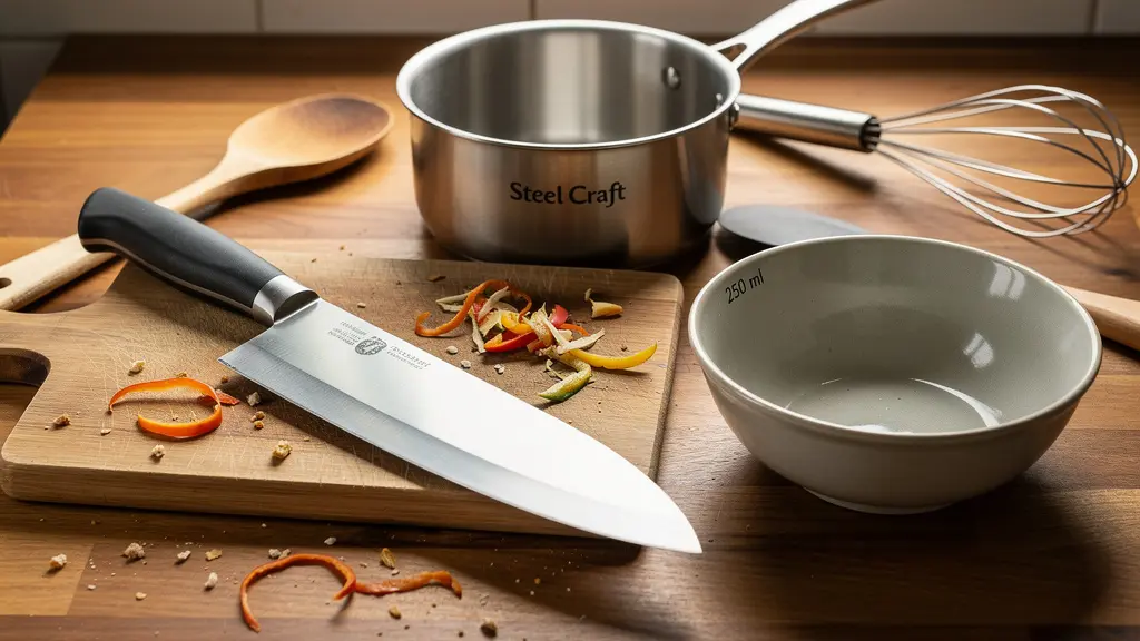 Collection d'ustensiles de cuisine essentiels disposés sur plan de travail en bois