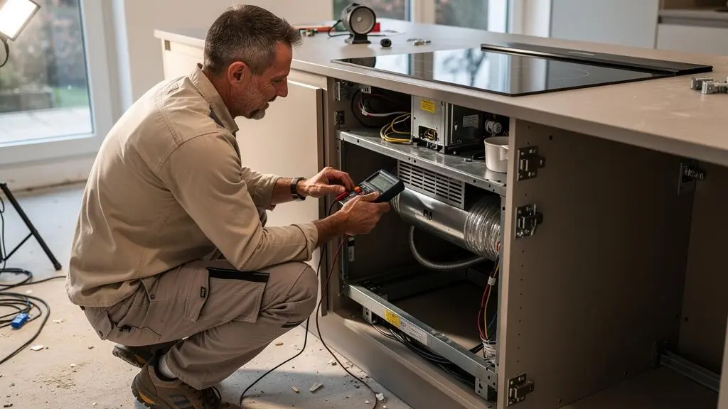 Technicien installant une plaque induction avec hotte intégrée dans un plan de travail de cuisine, vérifiant les connexions électriques et l'espace d'installation