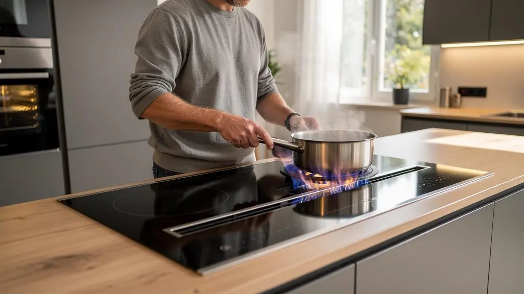 Personne cuisinant sur une plaque à induction avec hotte intégrée dans une cuisine moderne, vapeur aspirée par le système de ventilation au niveau du plan de travail