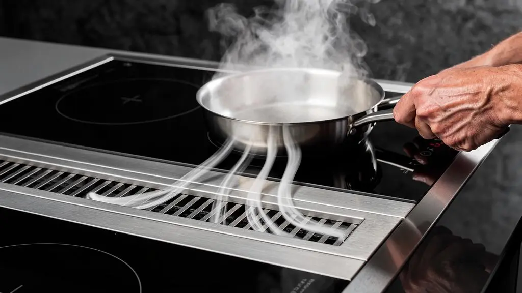 Gros plan sur une plaque à induction avec système d'aspiration intégré capturant la vapeur de cuisson directement au niveau de la surface